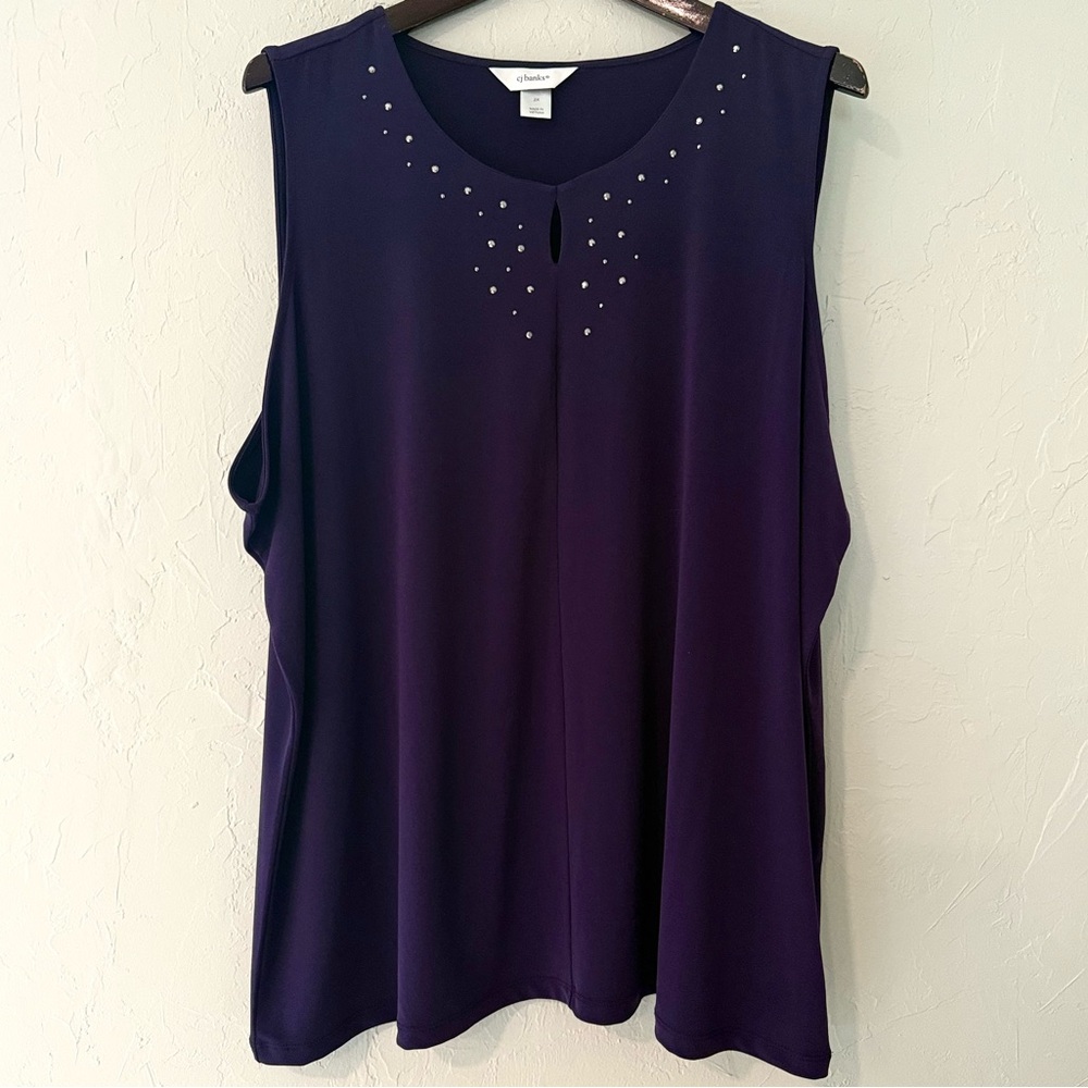 CJ Banks-Sleeveless Top-Stretchy-Solid Dark Purple-Silver Sparkles-Size 2X-EUC